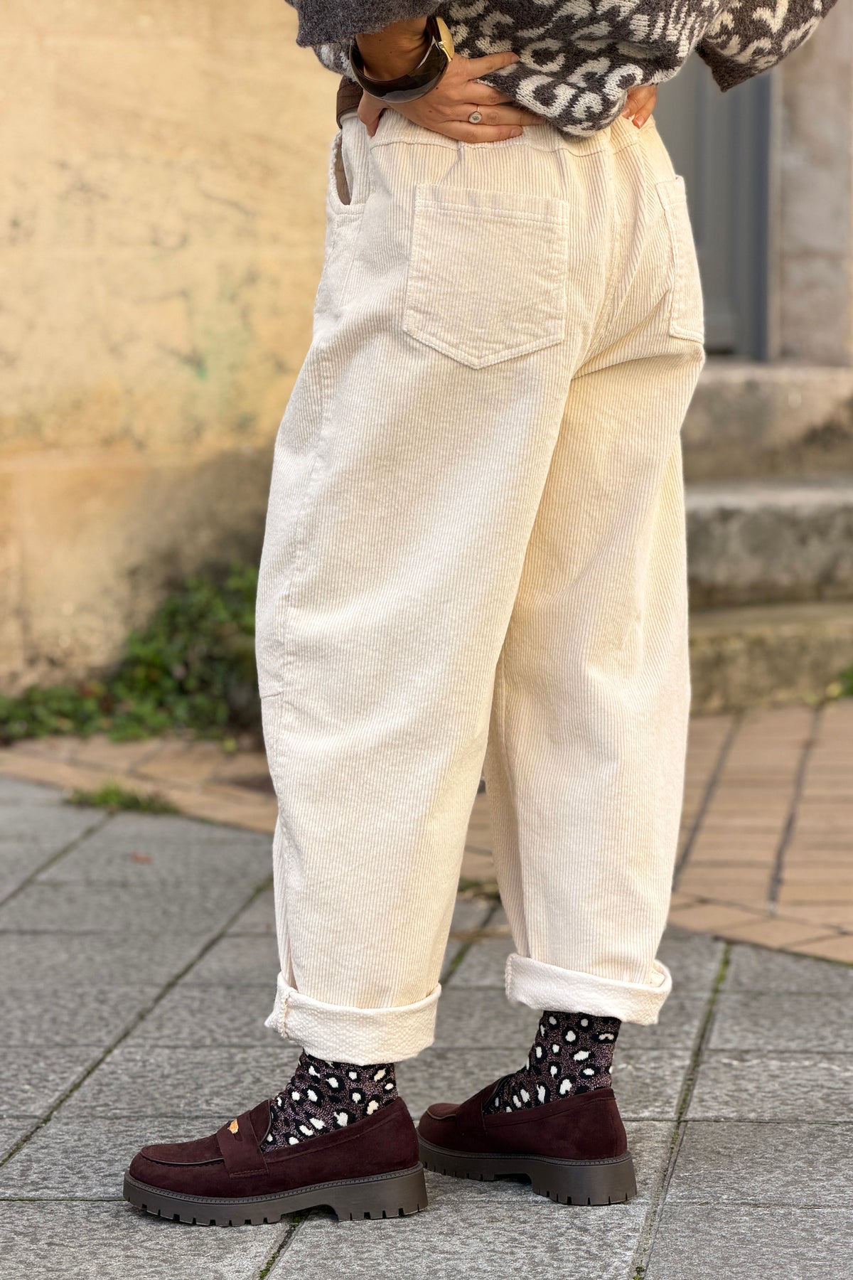 Cream Corduroy Wide Leg Jeans
