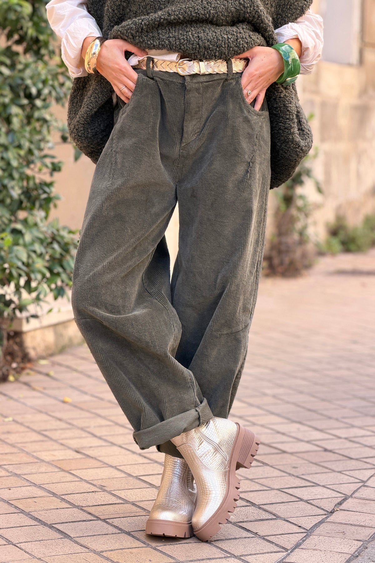 Olive Corduroy Wide Leg Jeans