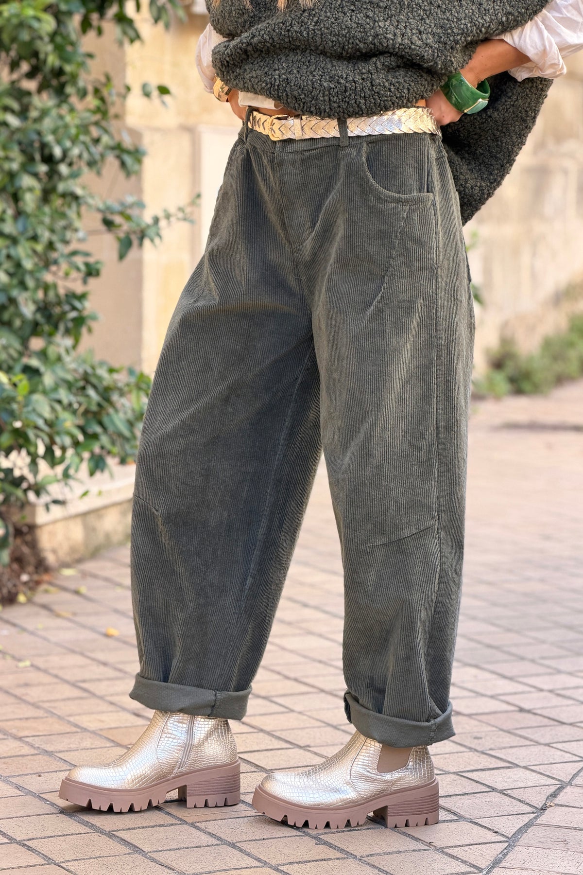 Olive Corduroy Wide Leg Jeans