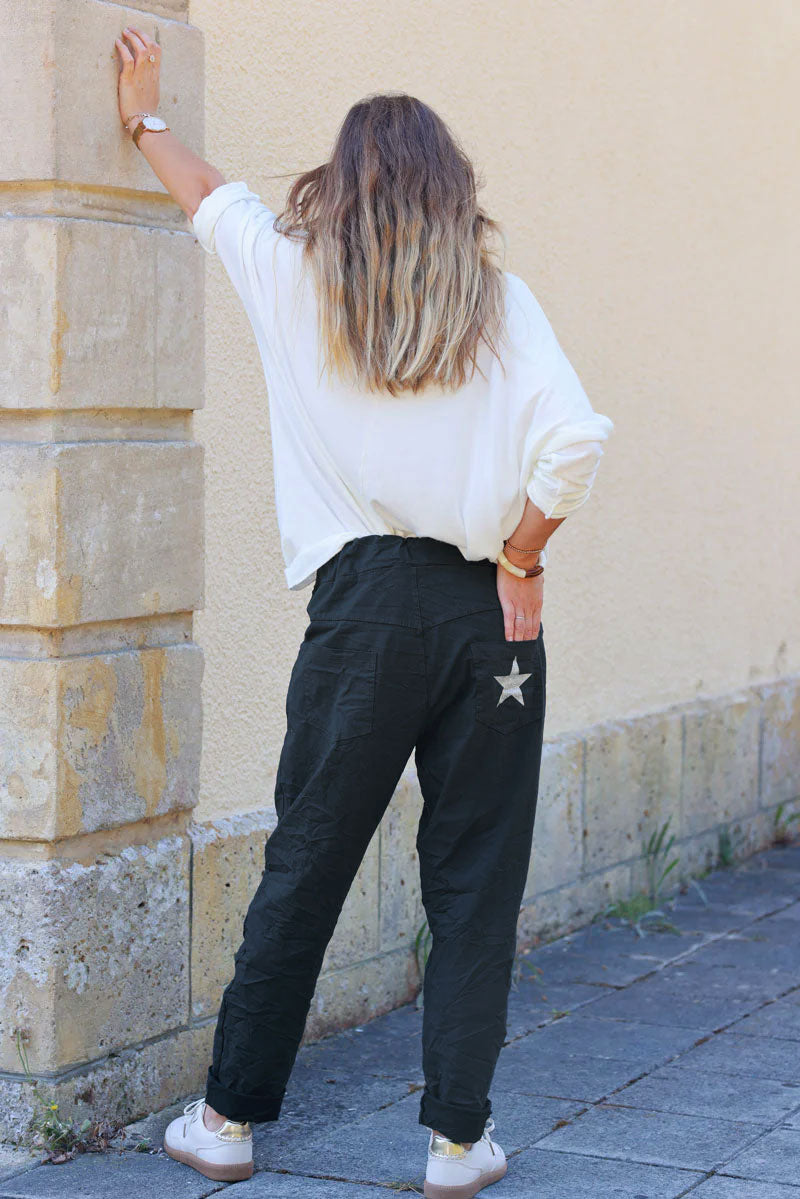 Pantalon confort gris anthracite en toile stretch étoile brillante paillettes