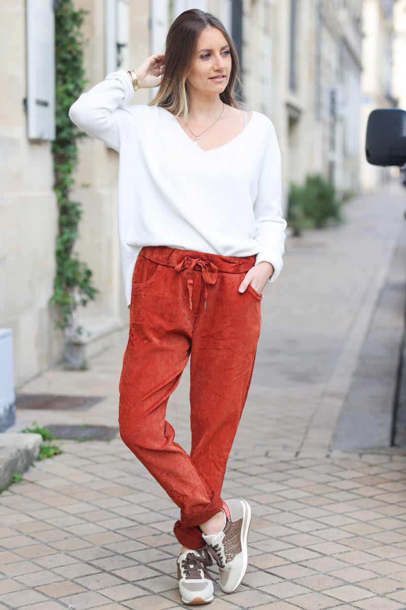 Pantalon terracotta confort stretch et souple en velours cotele E213 (1)