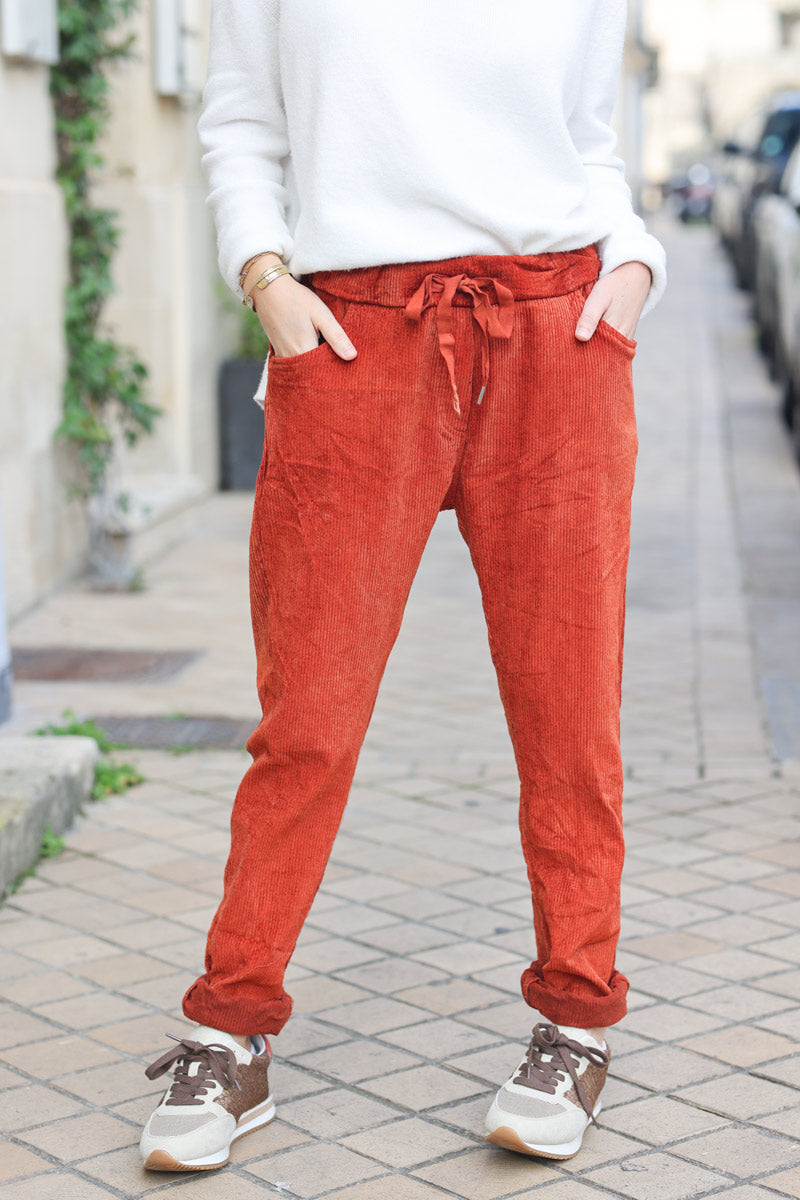 Pantalon terracotta confort stretch et souple en velours cotele E213 (1)
