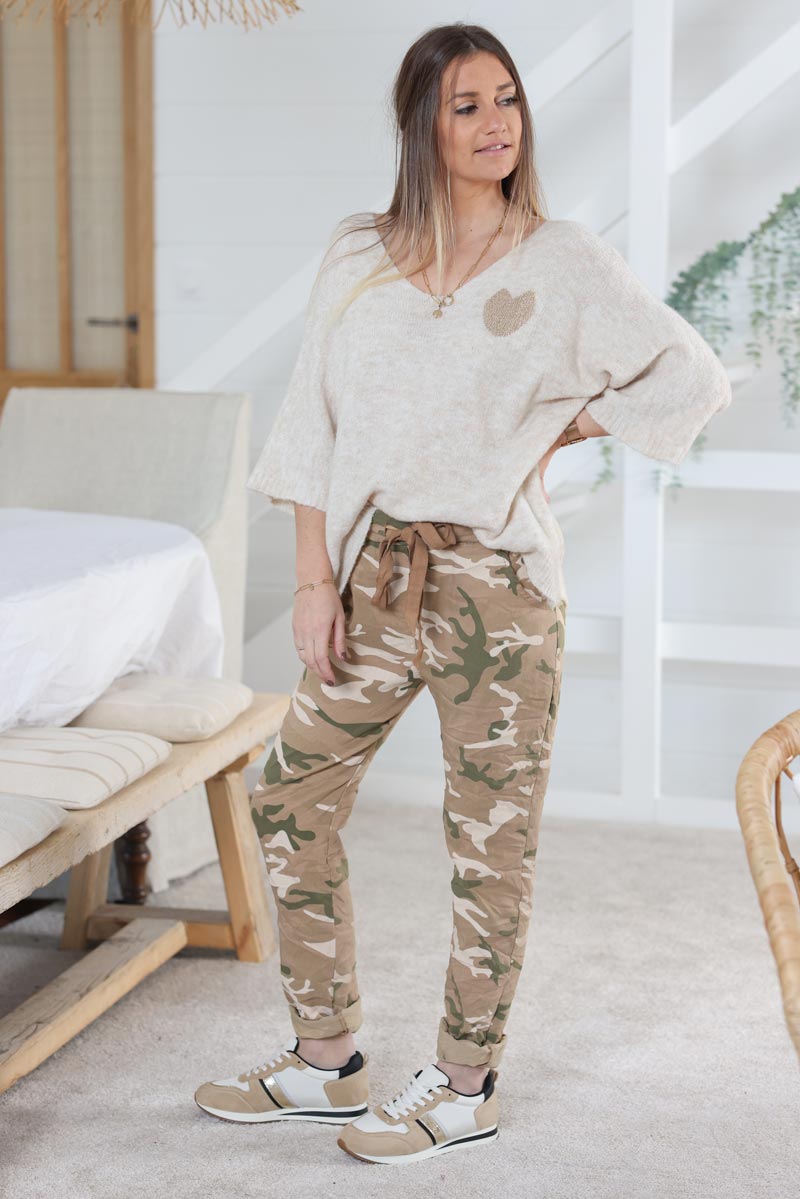 Pantalon toile confort imprime camouflage camel et kaki H024 (1)