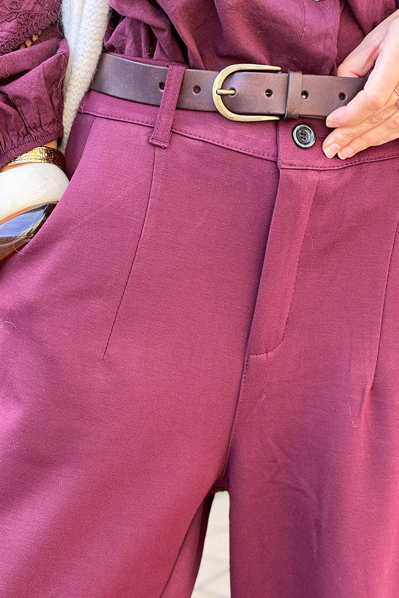 Burgundy Viscose Stretch Slacks with Belt