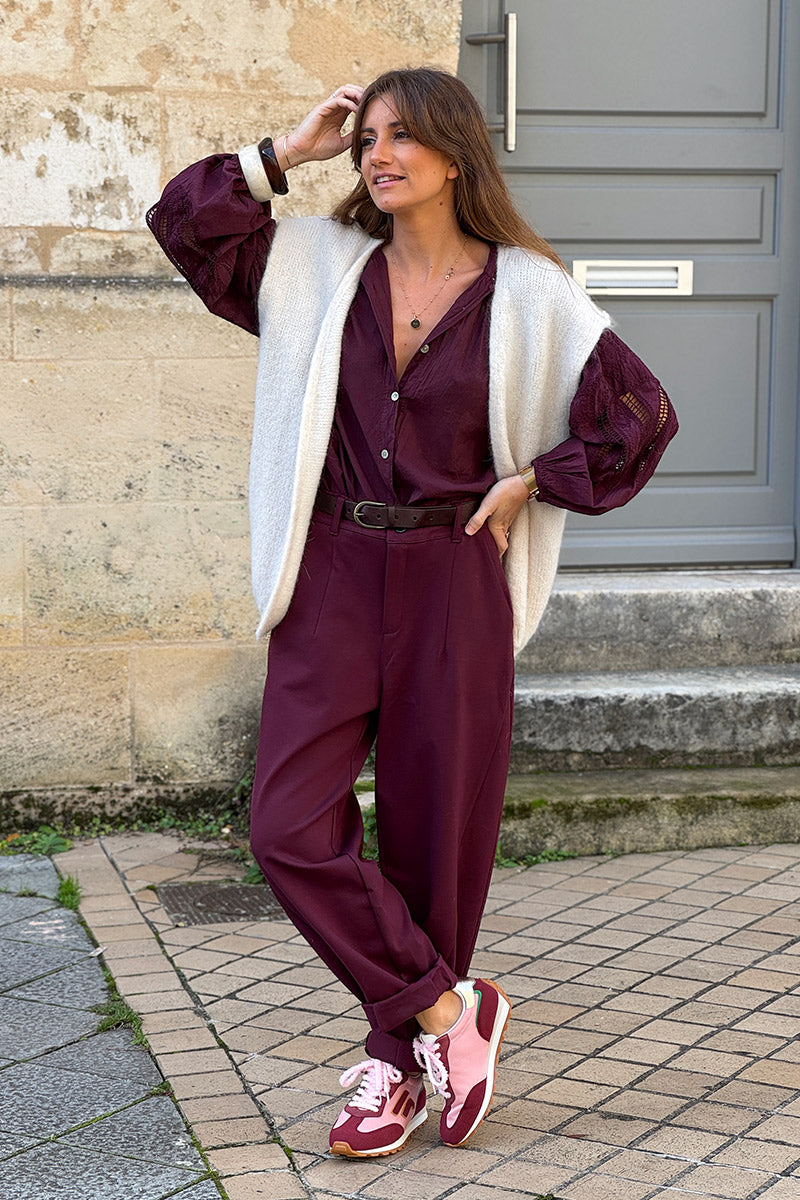 Burgundy Viscose Stretch Slacks with Belt