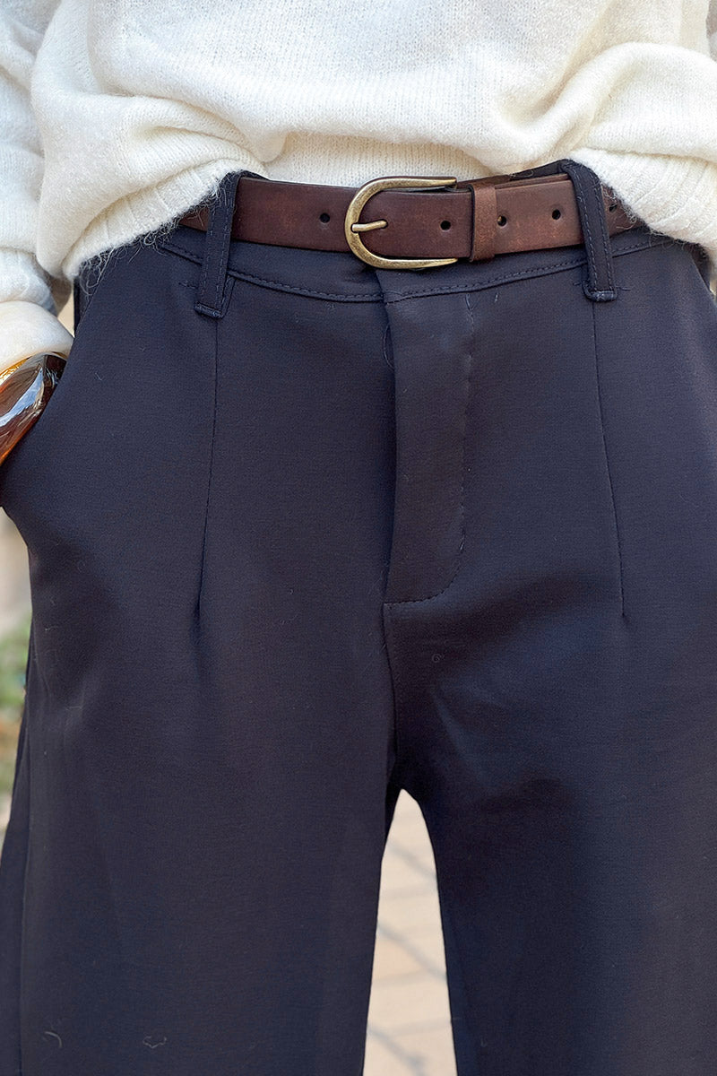 Navy Blue Viscose Stretch Slacks with Belt