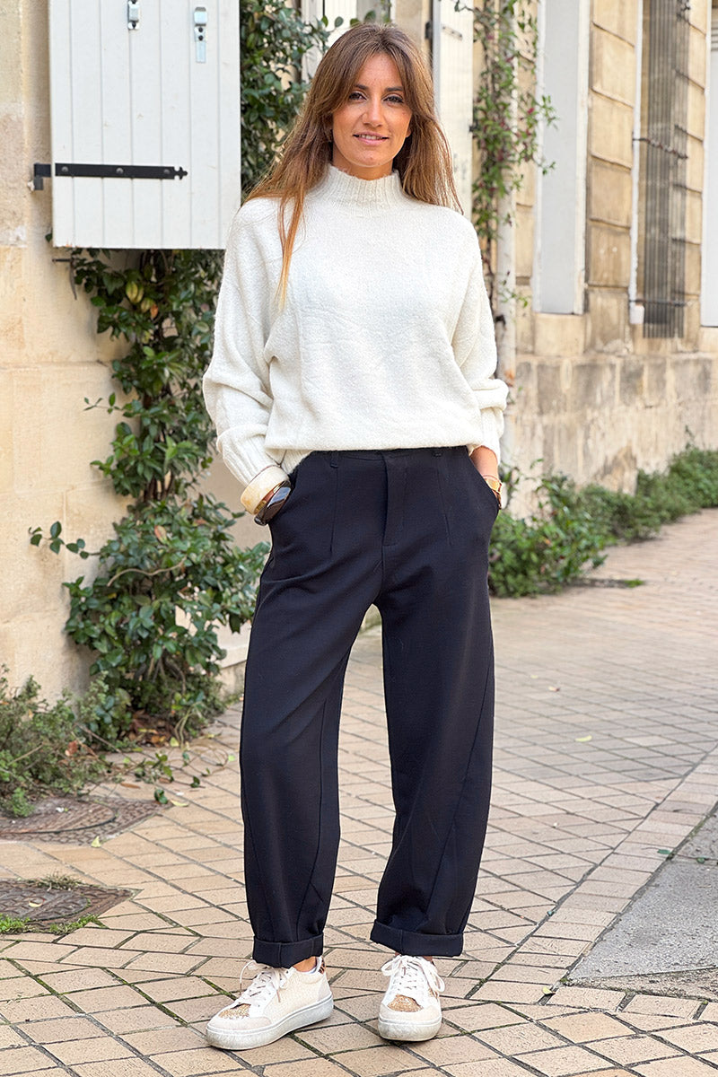 Navy Blue Viscose Stretch Slacks with Belt