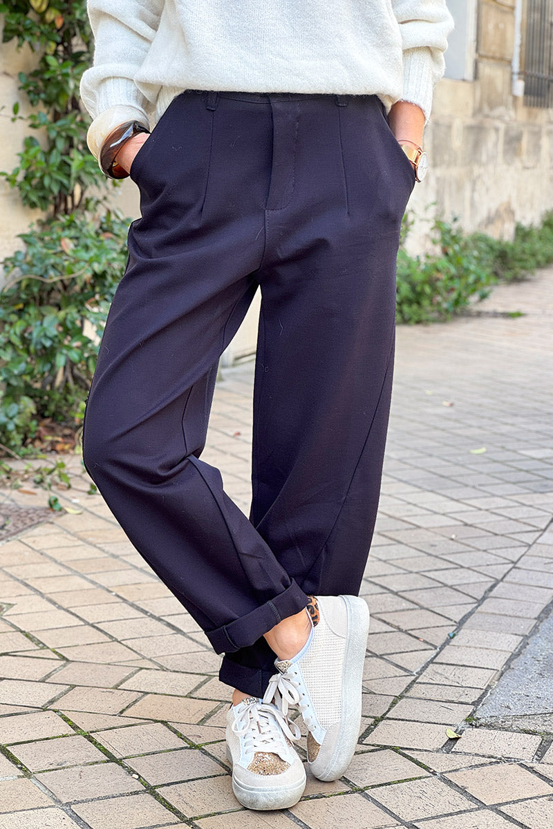 Navy Blue Viscose Stretch Slacks with Belt