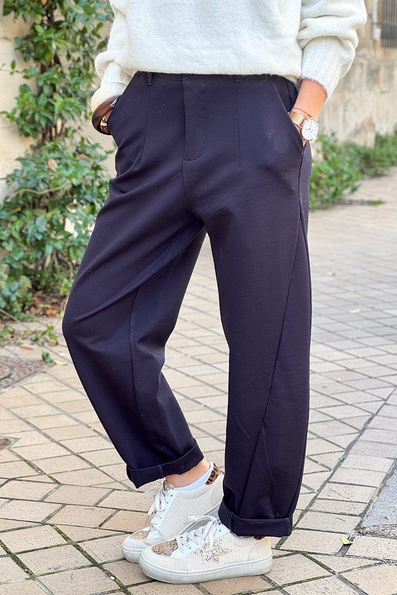 Navy Blue Viscose Stretch Slacks with Belt
