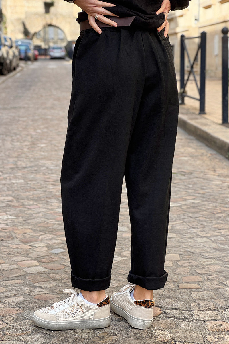 Black Viscose Stretch Slacks with Belt