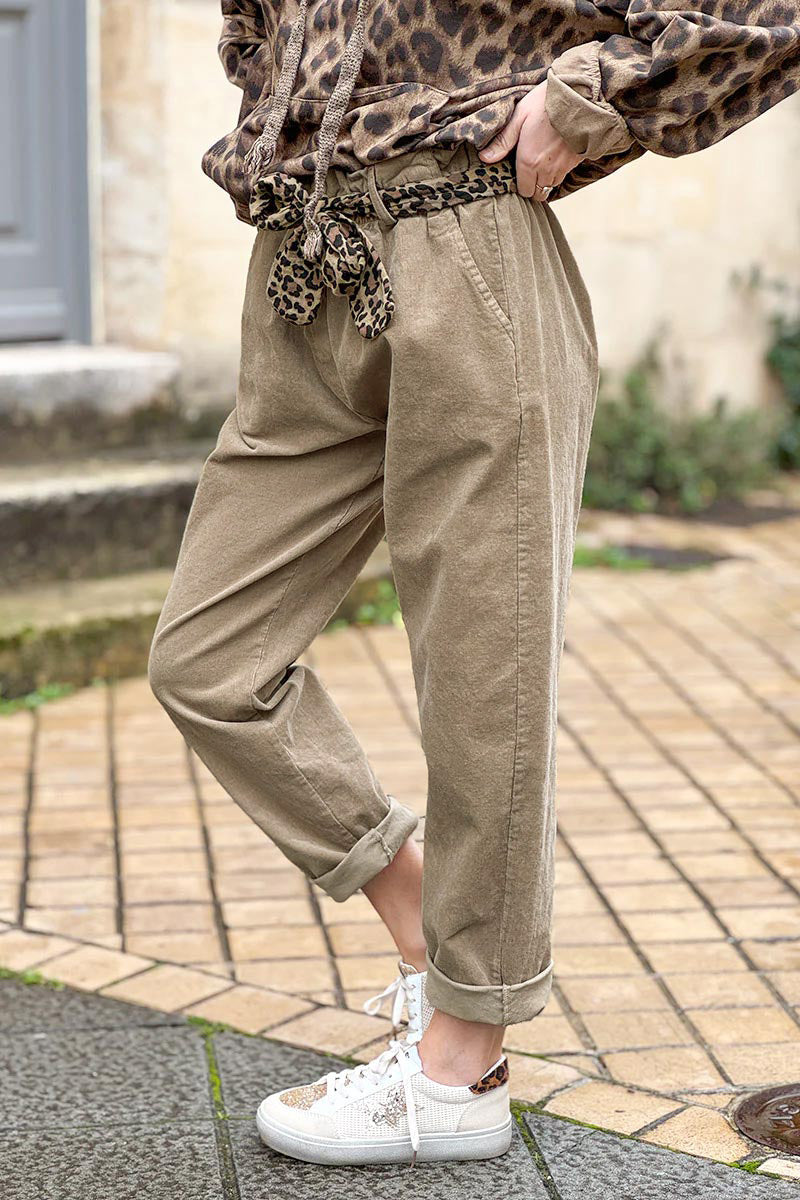 Beige Corduroy Pants with Leopard Sash Belt