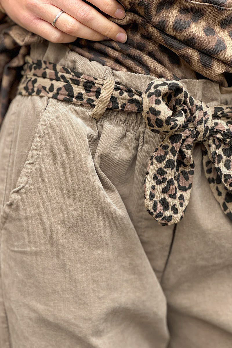 Beige Corduroy Pants with Leopard Sash Belt
