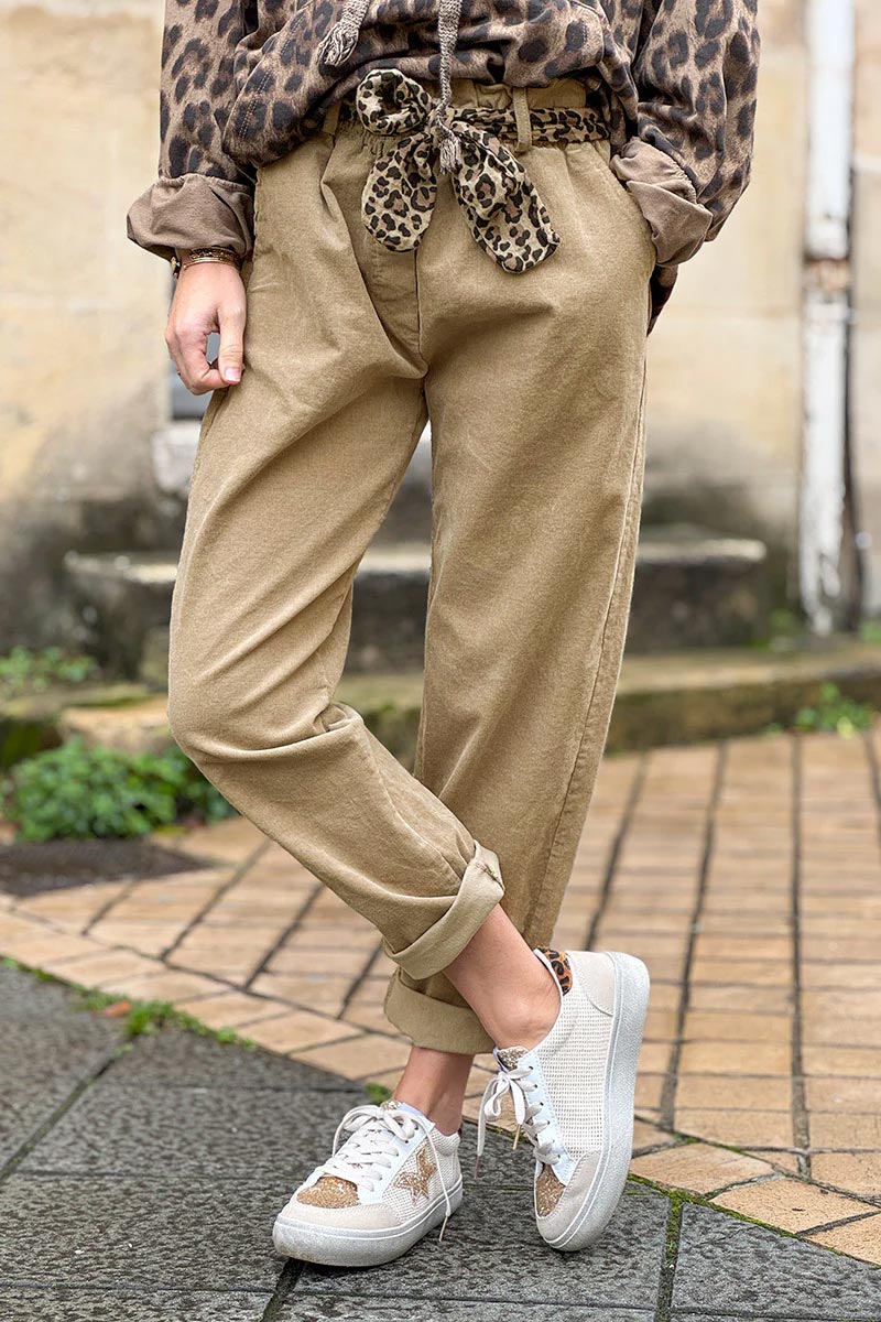 Beige Corduroy Pants with Leopard Sash Belt