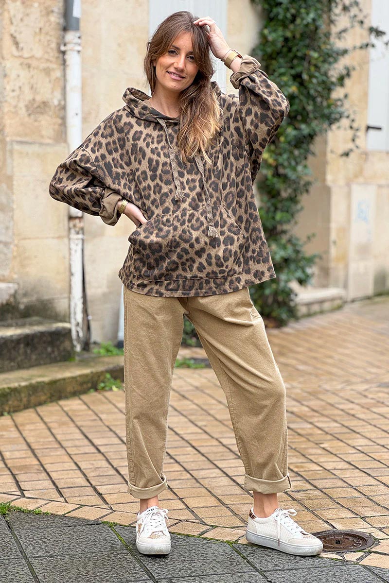 Beige Corduroy Pants with Leopard Sash Belt