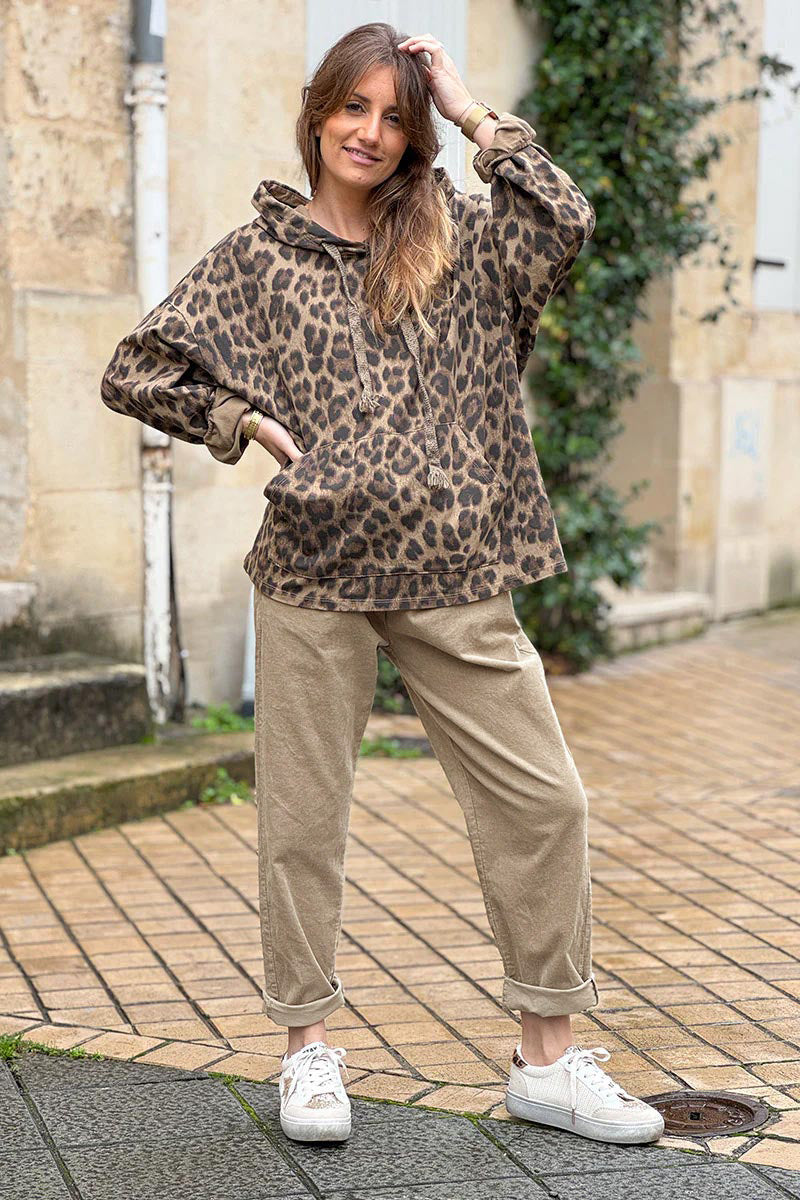 Beige Corduroy Pants with Leopard Sash Belt