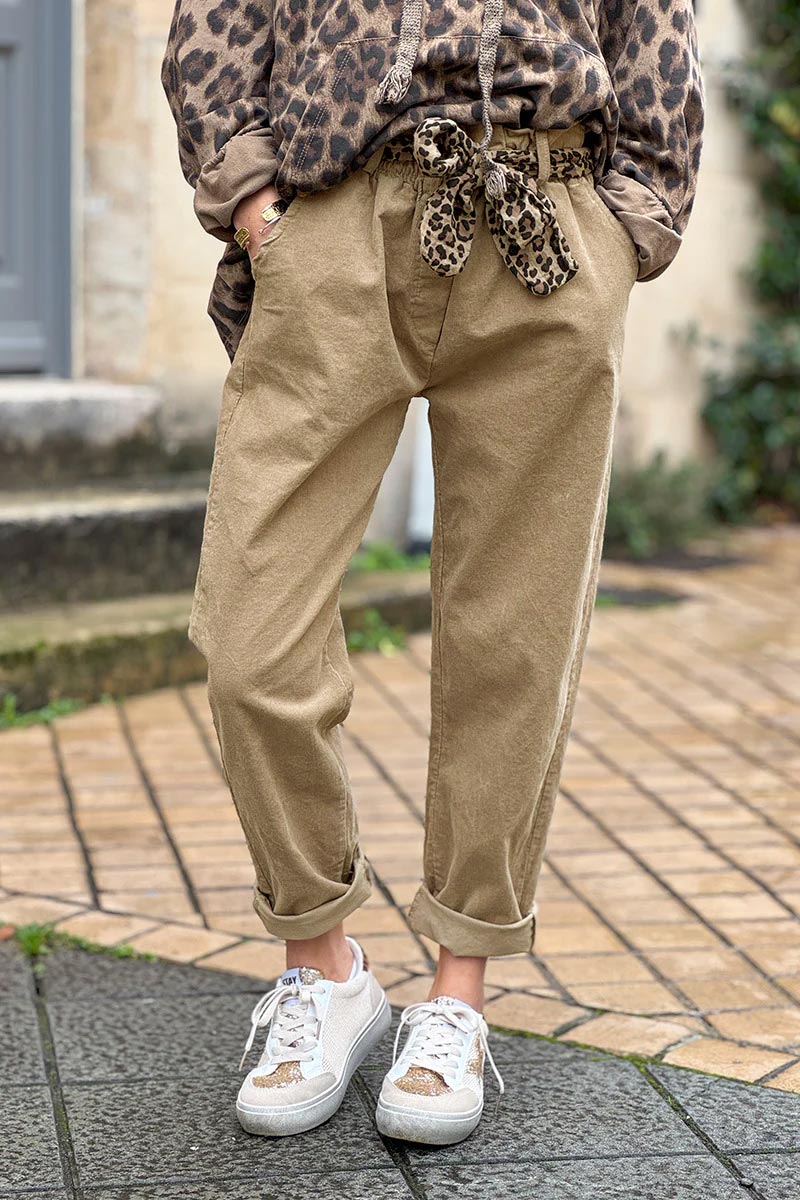 Beige Corduroy Pants with Leopard Sash Belt