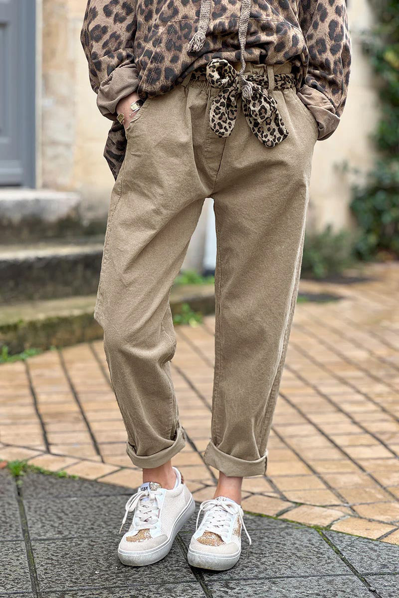 Beige Corduroy Pants with Leopard Sash Belt