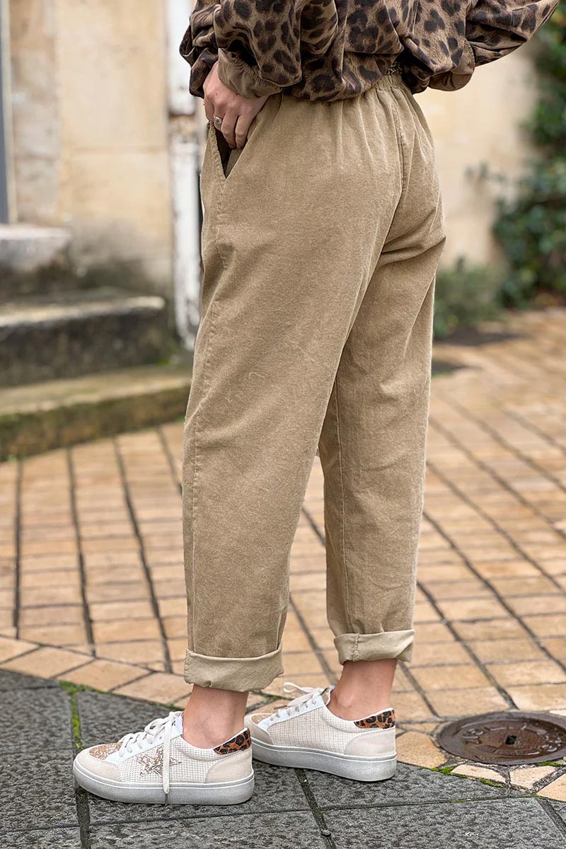 Beige Corduroy Pants with Leopard Sash Belt