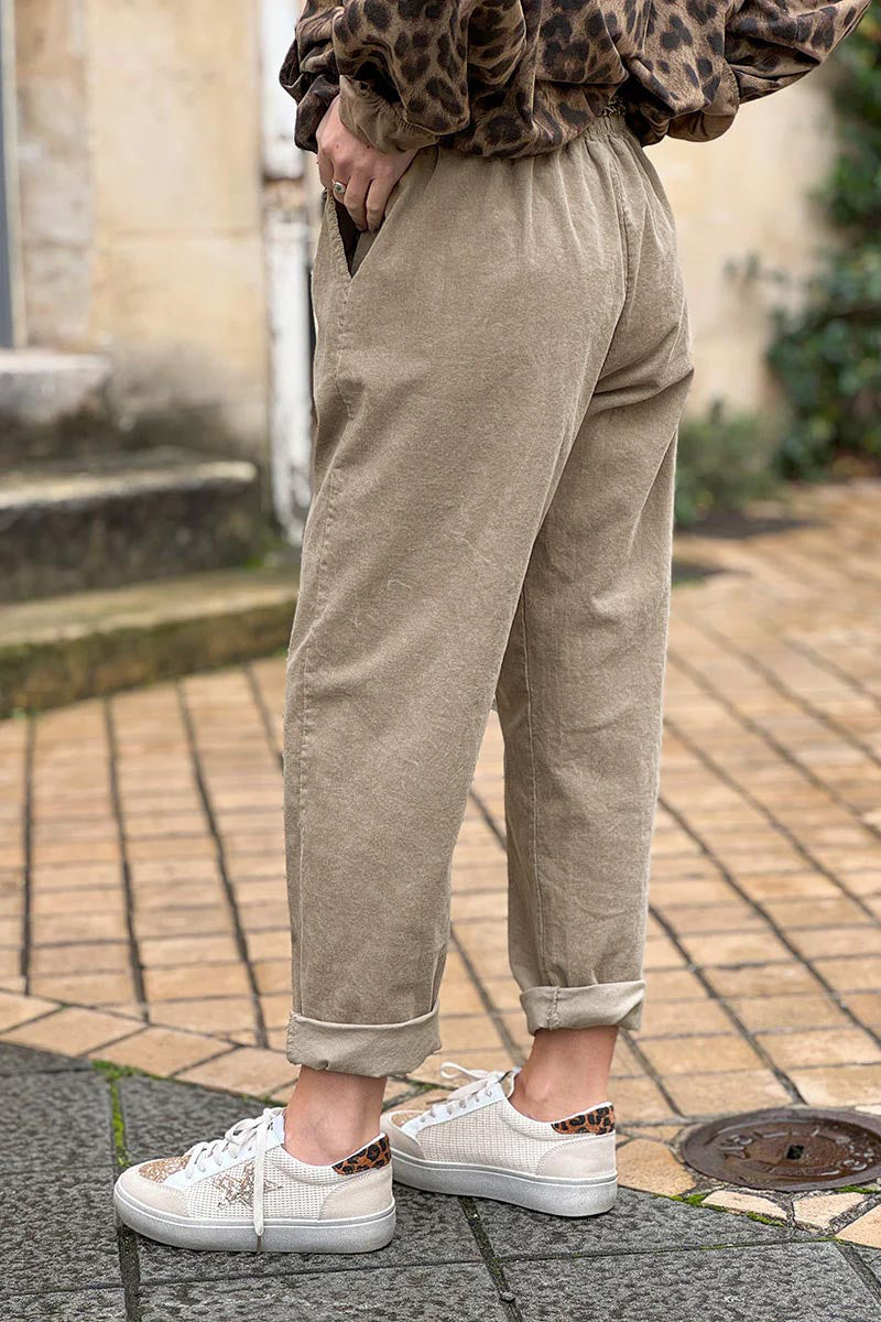 Beige Corduroy Pants with Leopard Sash Belt