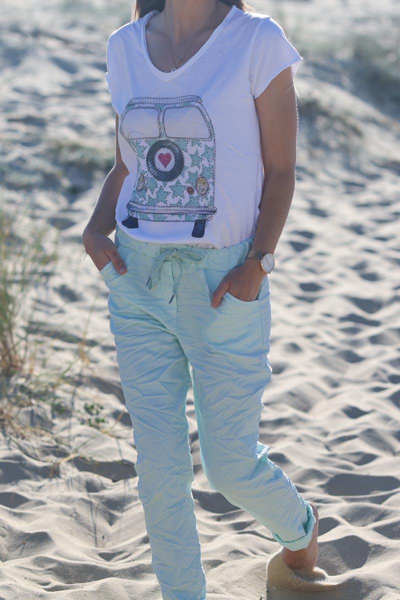 Pantalón elástico confort verde mar con cinturilla elástica