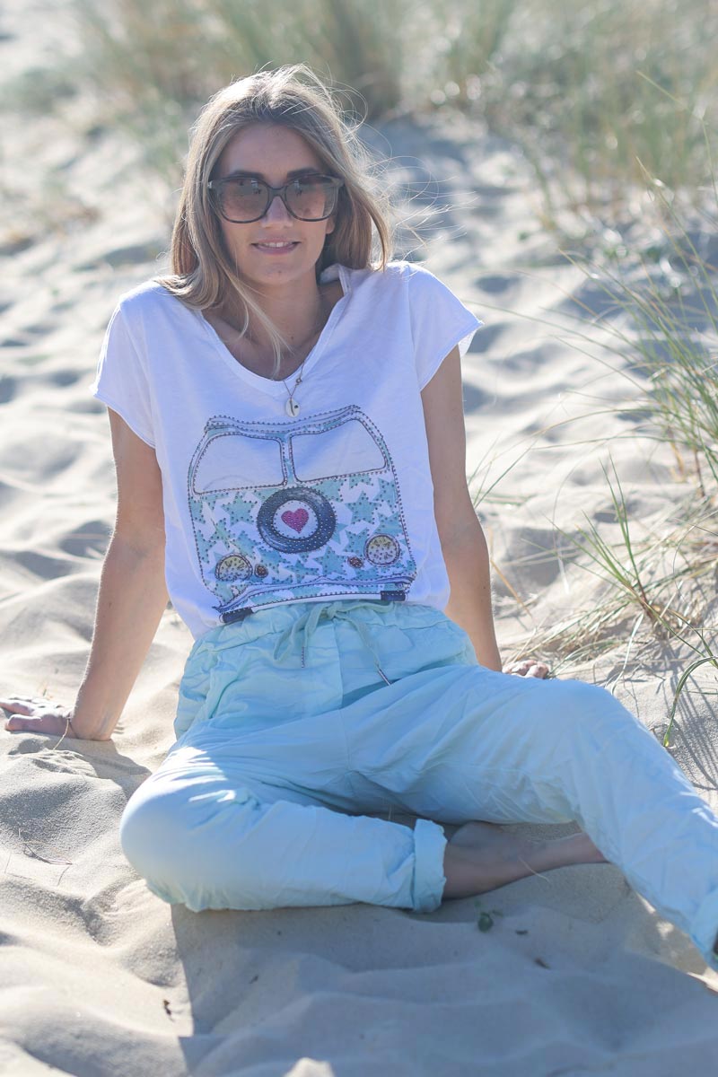 Pantalón elástico confort verde mar con cinturilla elástica