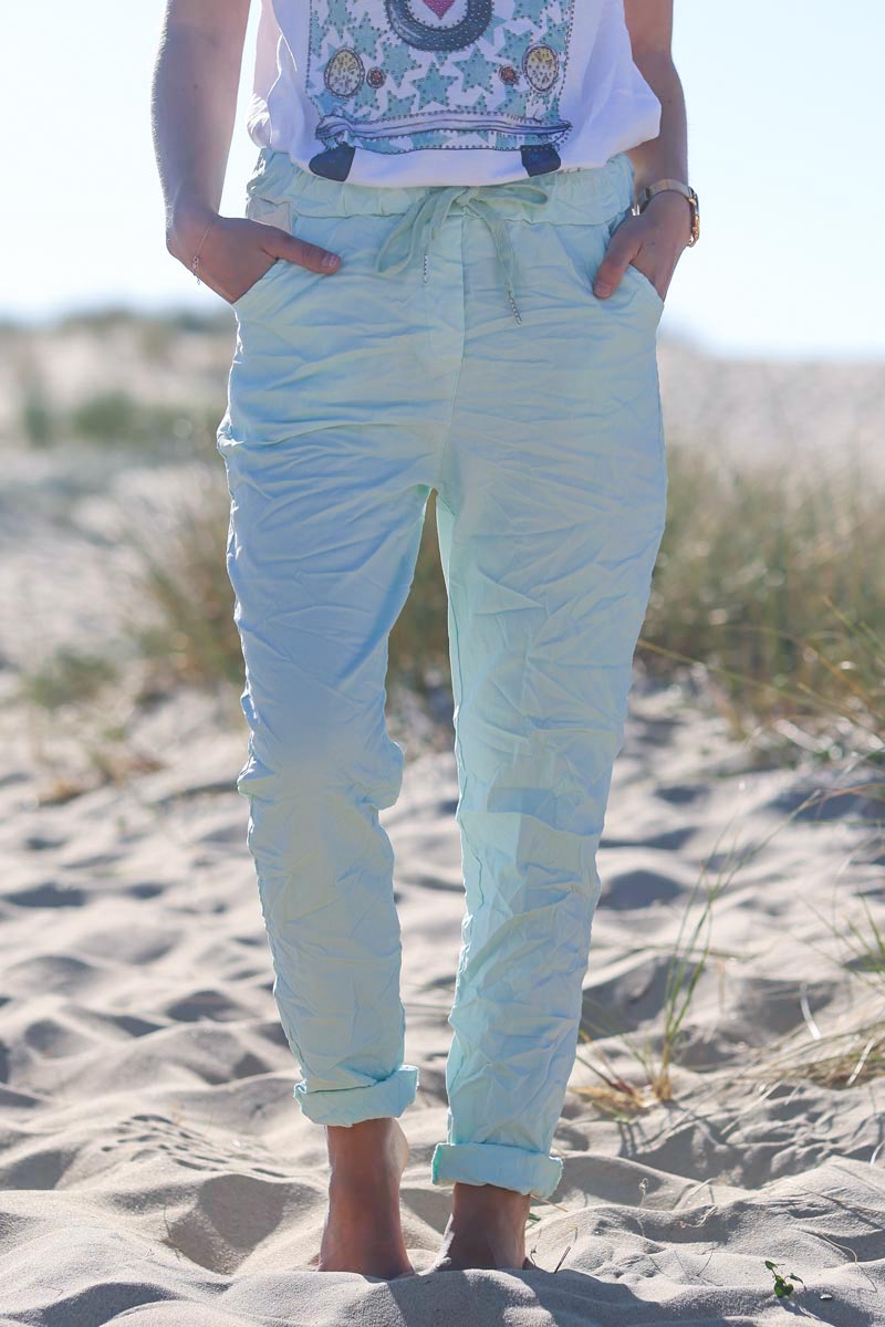 Pantalón elástico confort verde mar con cinturilla elástica