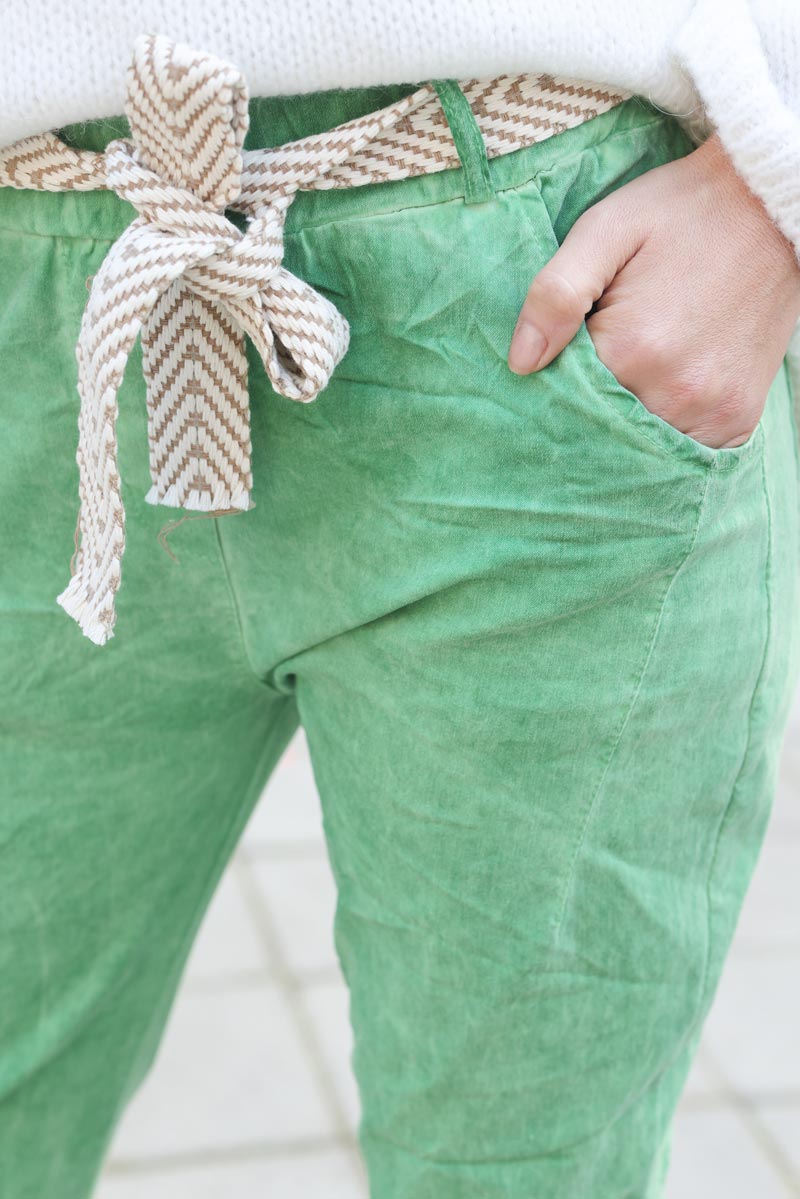 Pantalon vert delave en toile extra confort et stretch avec ceinture G279 (1)