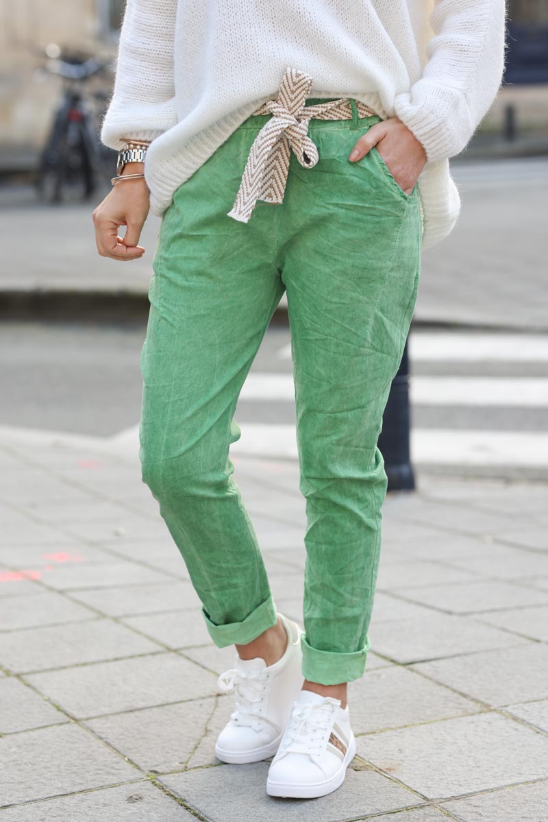 Pantalon vert delave en toile extra confort et stretch avec ceinture G279 (1)