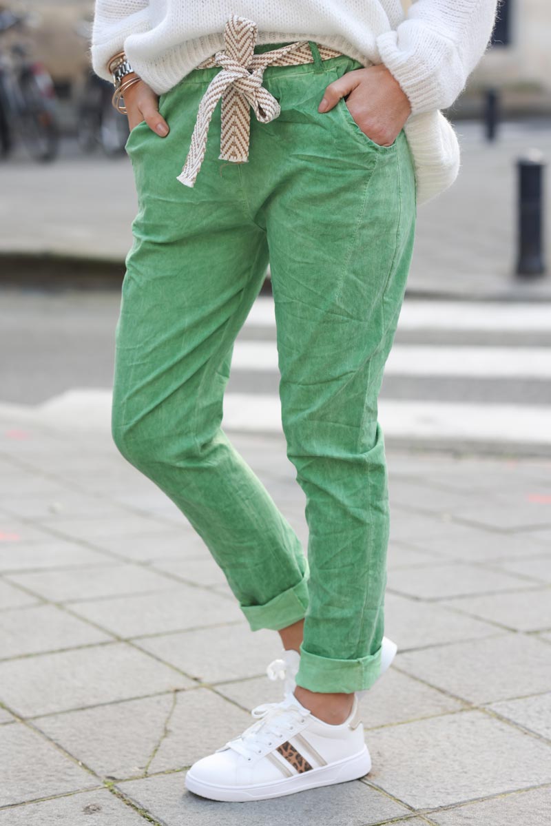 Pantalon vert delave en toile extra confort et stretch avec ceinture G279 (1)