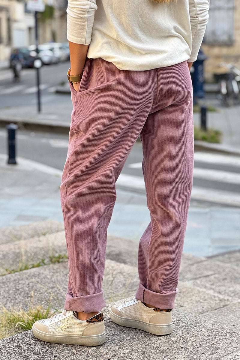 Pantalon vieux rose en velours côtelé coupe droite ceinture élastique avec cordon