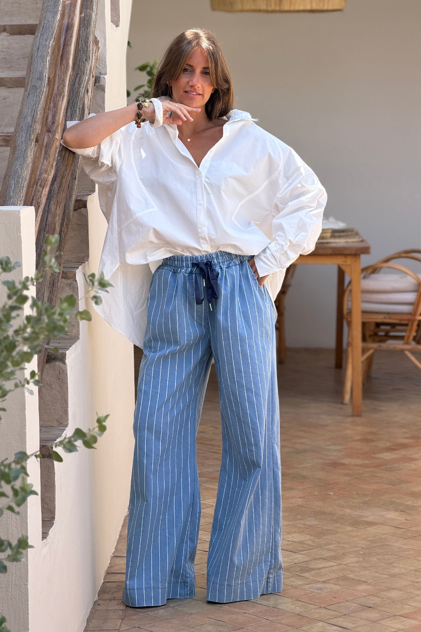 Chambray Pinstripe Pull-On Pants