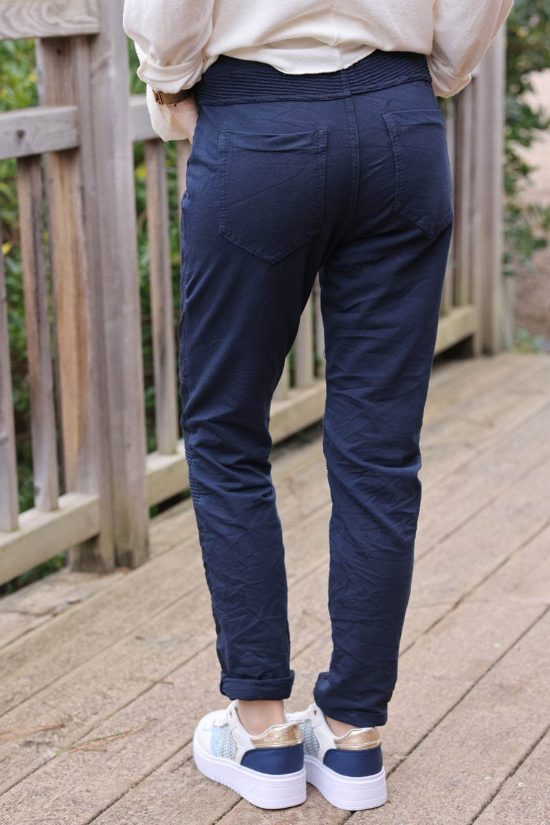 Pantalon bi matière toile stretch et jersey bleu marine empiècements molleton genoux