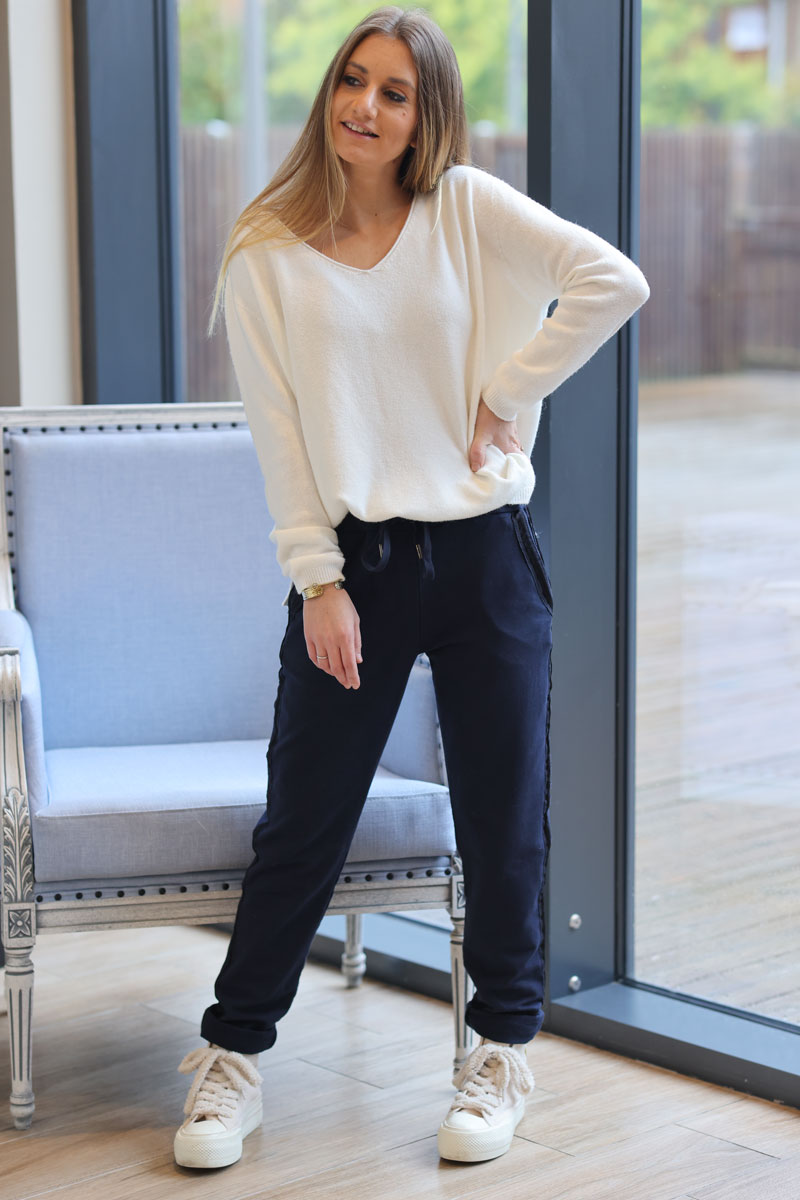 Navy blue sweat pants with satin outseams