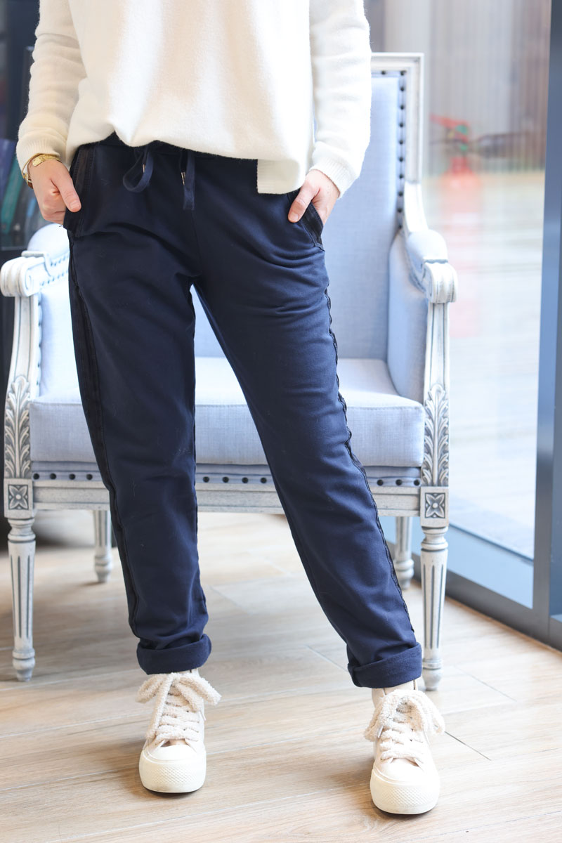 Navy blue sweat pants with satin outseams