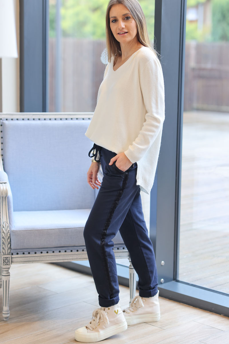 Navy blue sweat pants with satin outseams