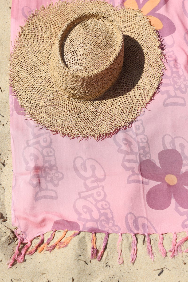 Pareo de plage grande taille corail avec franges motif Flower girl h003 (2)