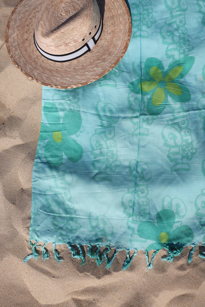 Pareo de plage grande taille turquoise avec franges motif Flower girl h003 (2)