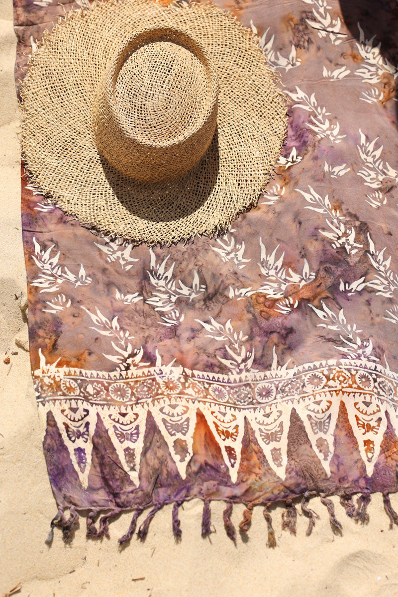 Pareo de plage long imprime indonesien delave marron violet e012 (4)