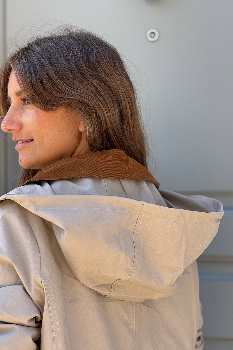 Parka imperméable beige avec capuche amovible col velours côtelé poches