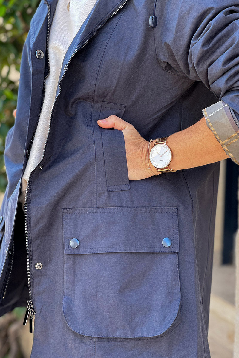 Parka imperméable bleu marine avec capuche amovible col velours côtelé poches