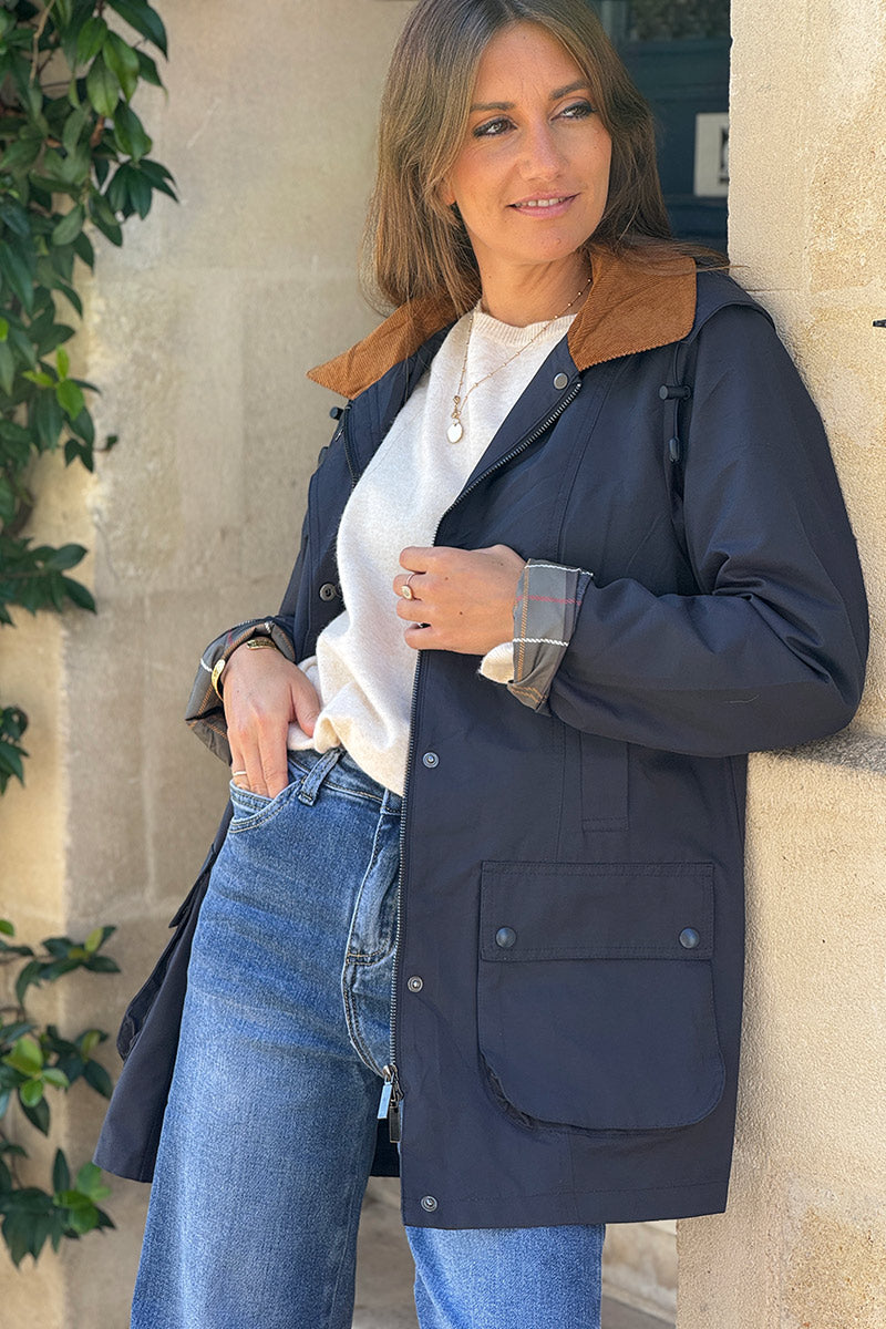 Parka imperméable bleu marine avec capuche amovible col velours côtelé poches