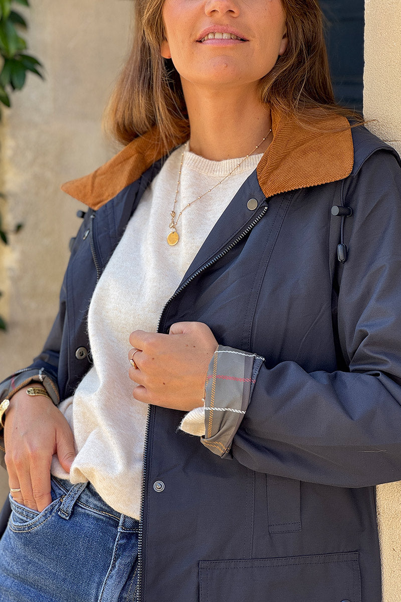 Parka imperméable bleu marine avec capuche amovible col velours côtelé poches