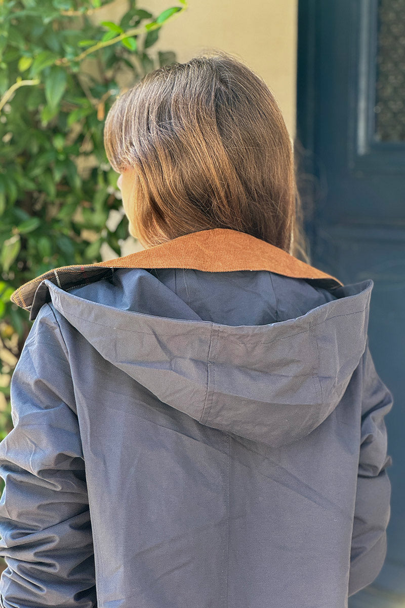 Parka imperméable bleu marine avec capuche amovible col velours côtelé poches