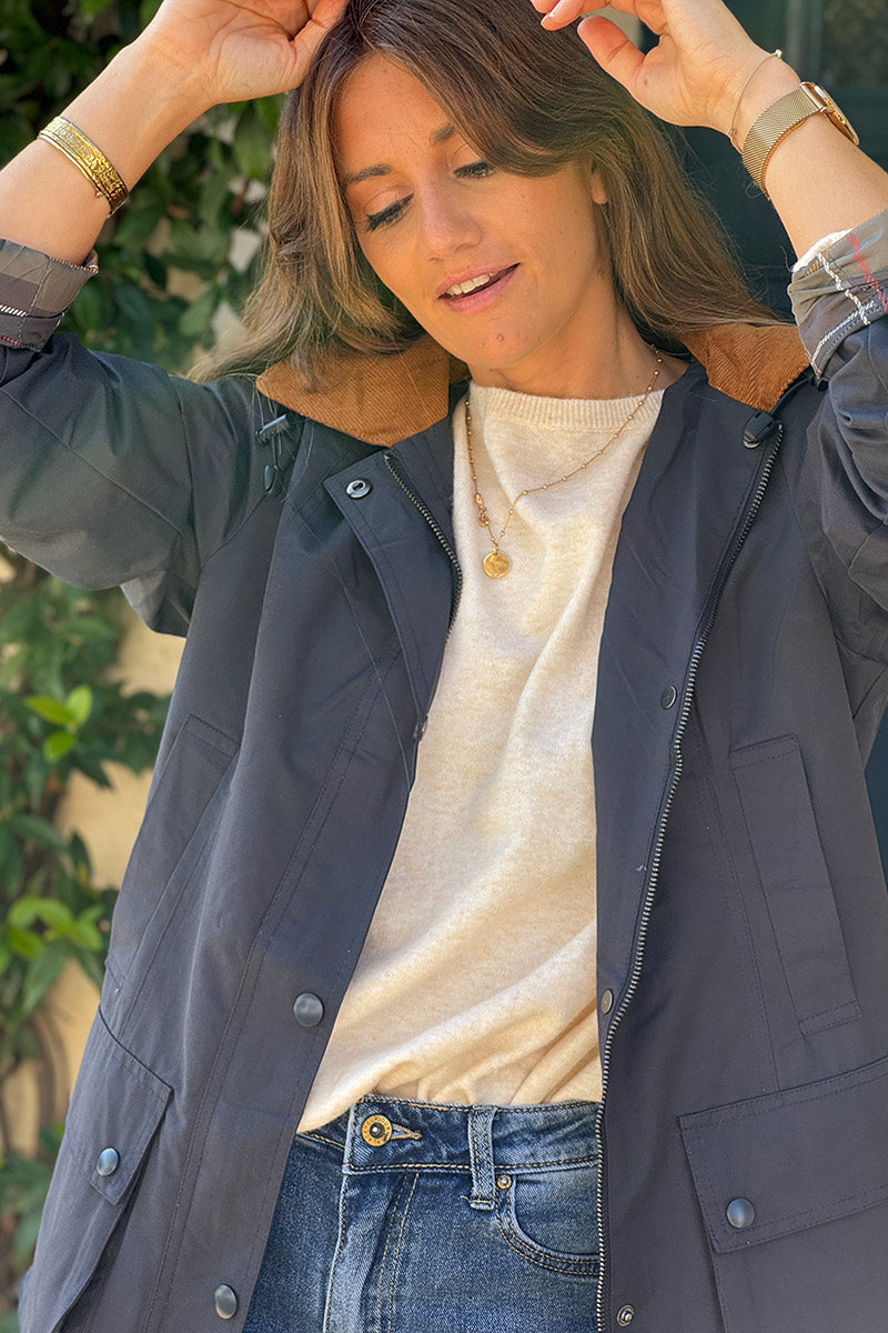 Parka imperméable bleu marine avec capuche amovible col velours côtelé poches