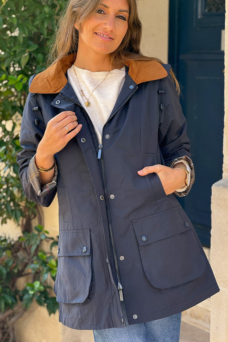 Parka imperméable bleu marine avec capuche amovible col velours côtelé poches