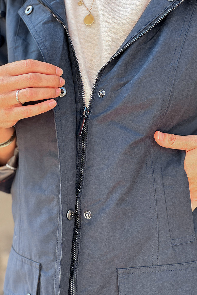 Parka imperméable bleu marine avec capuche amovible col velours côtelé poches