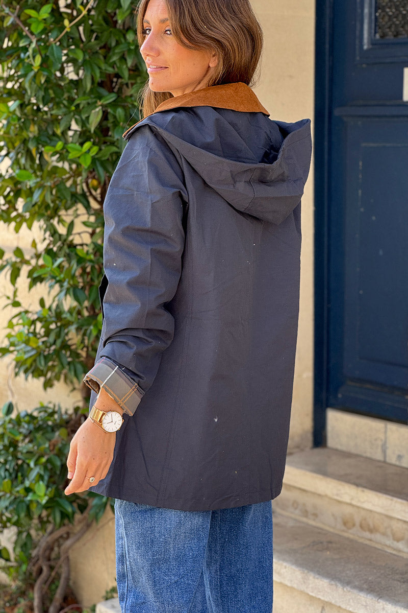 Parka imperméable bleu marine avec capuche amovible col velours côtelé poches
