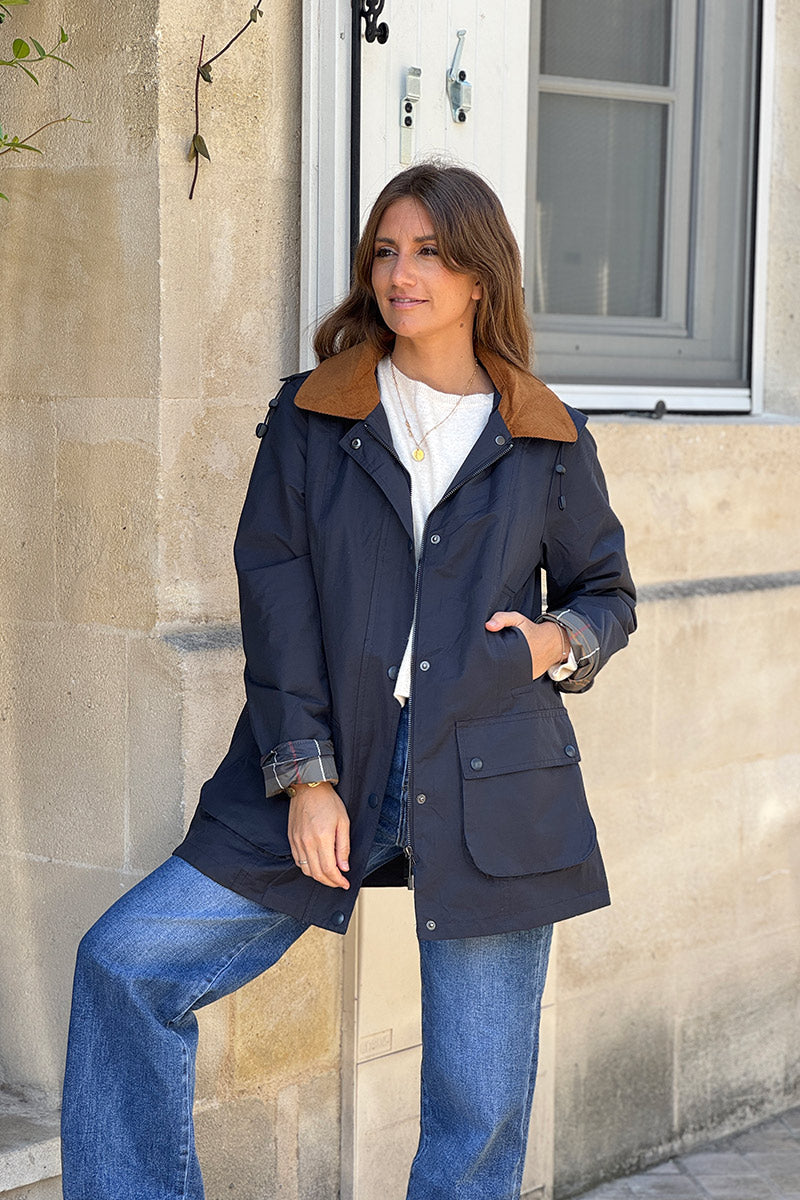 Parka imperméable bleu marine avec capuche amovible col velours côtelé poches