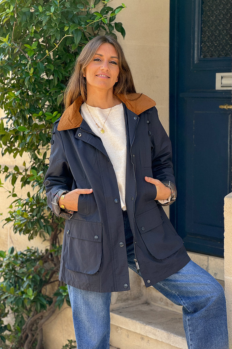 Parka imperméable bleu marine avec capuche amovible col velours côtelé poches