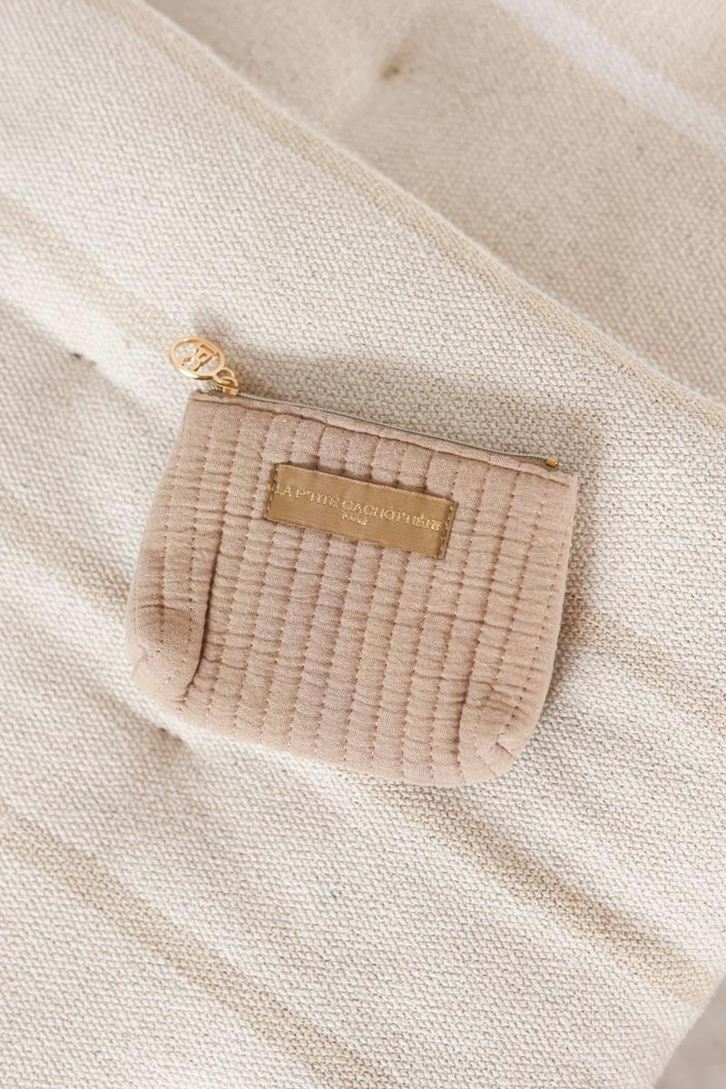 Petit porte monnaie beige en gaze de coton matelasse h012 (1)